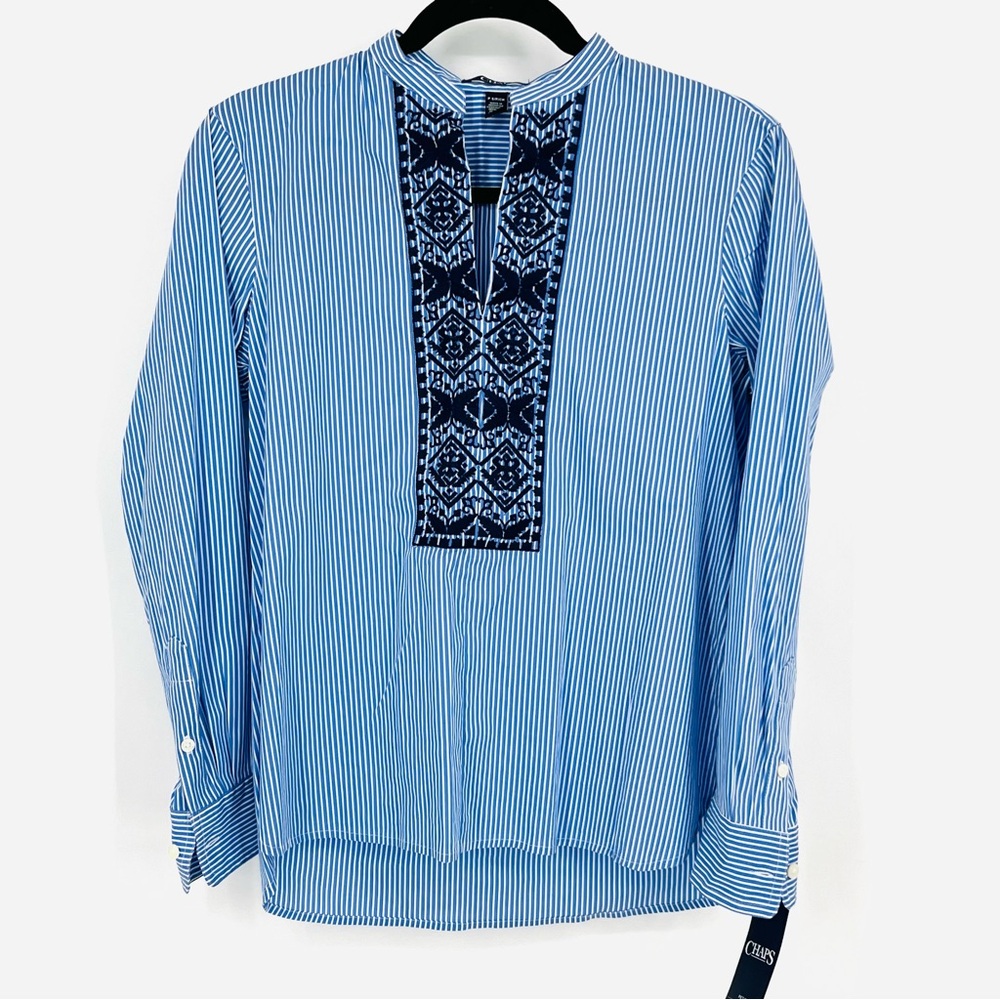 Chaps Petite Small Blue Embroidered Blouse